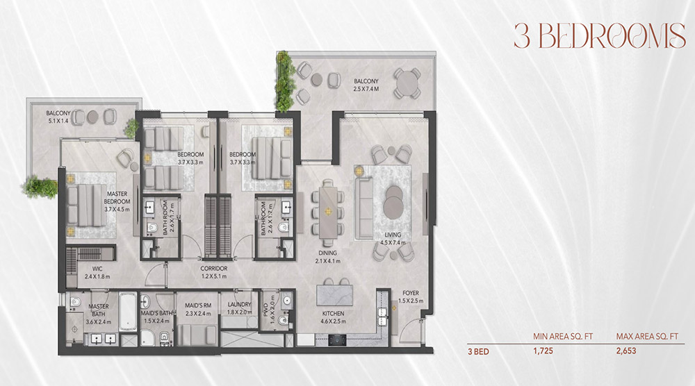 Ghaf Woods 3-Bedroom Apartment Floor Plan